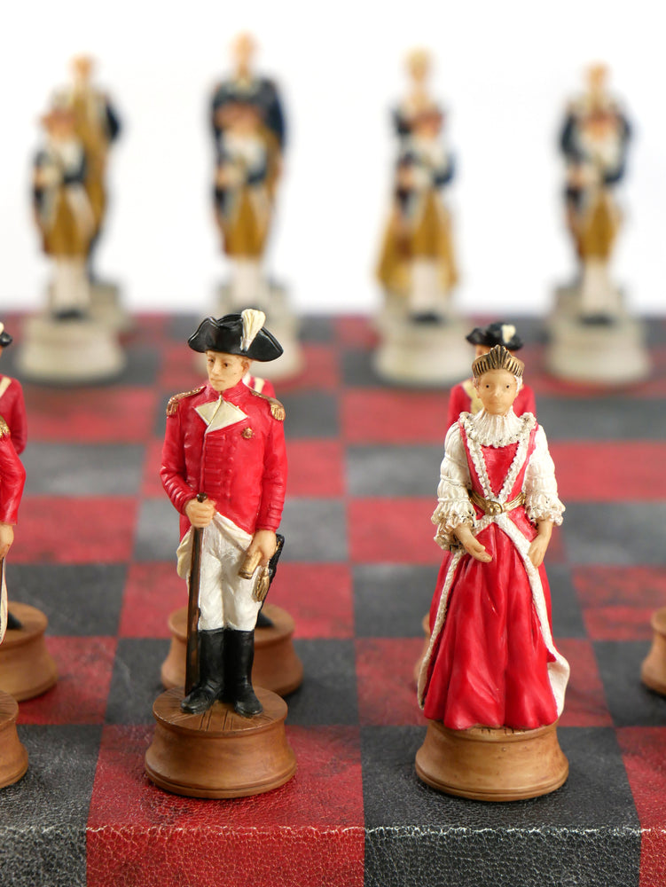 Chess Set - Painted Resin American Revolution Pieces on Red & Dusky Black Faux Leatherette Chess Board (ONLINE ORDER ONLY)