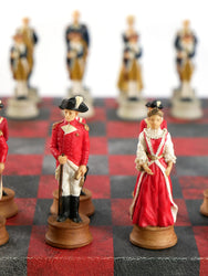 Chess Set - Painted Resin American Revolution Pieces on Red & Dusky Black Faux Leatherette Chess Board (ONLINE ORDER ONLY)