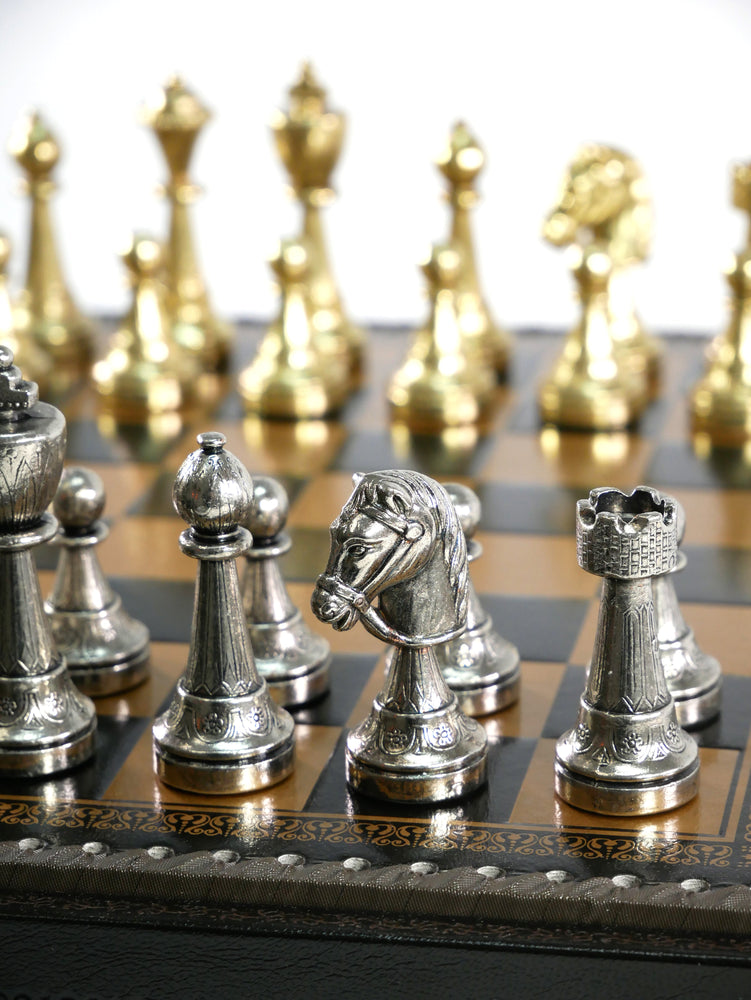 Chess Set - Staunton Metal Chessmen on Faux Leather Chest (ONLINE ORDER ONLY)