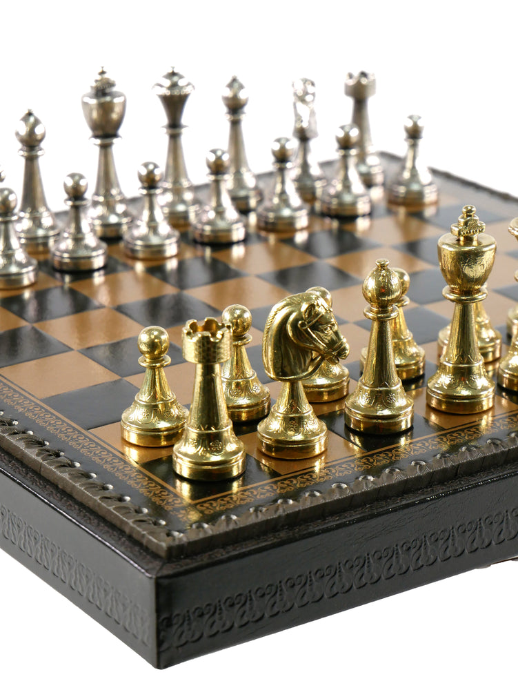 Chess Set - Staunton Metal Chessmen on Faux Leather Chest (ONLINE ORDER ONLY)