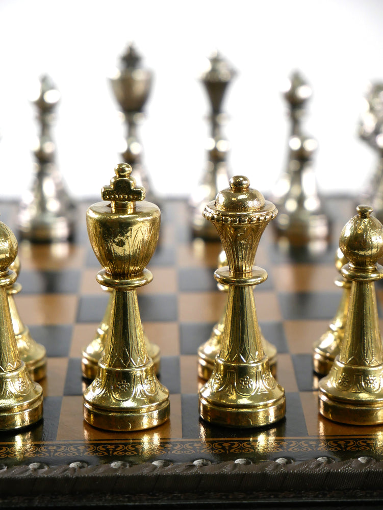 Chess Set - Staunton Metal Chessmen on Faux Leather Chest (ONLINE ORDER ONLY)