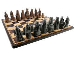 Chess Set- Metal Isle of Lewis Pieces on Ebony & Birdseye Maple Chess Board (ONLINE ORDER ONLY)