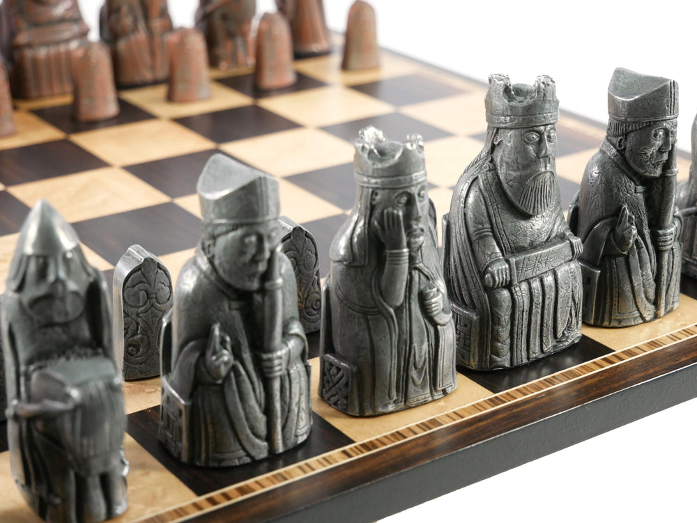 Chess Set- Metal Isle of Lewis Pieces on Ebony & Birdseye Maple Chess Board (ONLINE ORDER ONLY)