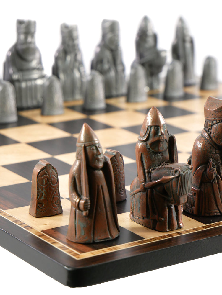 Chess Set- Metal Isle of Lewis Pieces on Ebony & Birdseye Maple Chess Board (ONLINE ORDER ONLY)