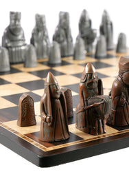 Chess Set- Metal Isle of Lewis Pieces on Ebony & Birdseye Maple Chess Board (ONLINE ORDER ONLY)