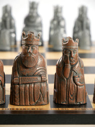 Chess Set- Metal Isle of Lewis Pieces on Ebony & Birdseye Maple Chess Board (ONLINE ORDER ONLY)