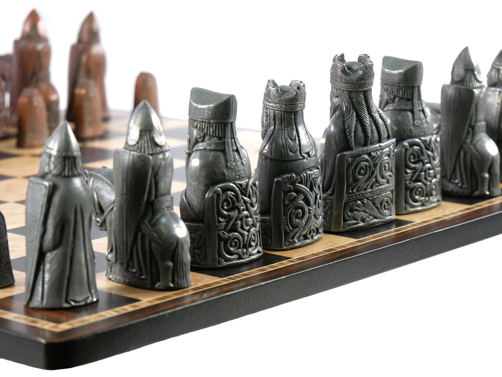 Chess Set- Metal Isle of Lewis Pieces on Ebony & Birdseye Maple Chess Board (ONLINE ORDER ONLY)