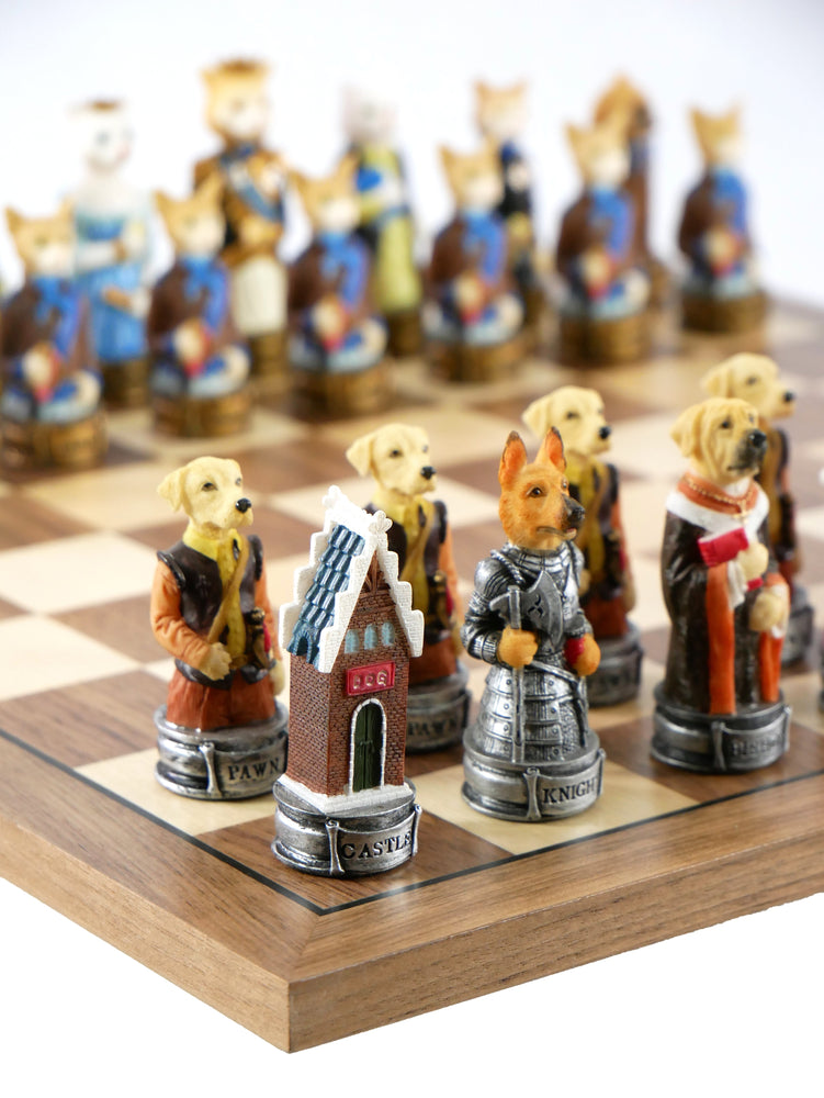Chess Set - Cats & Dogs Resin Men on Walnut Maple Board (ONLINE ORDER ONLY)