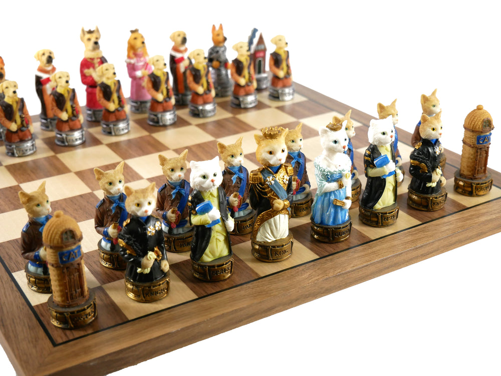 Chess Set - Cats & Dogs Resin Men on Walnut Maple Board (ONLINE ORDER ONLY)