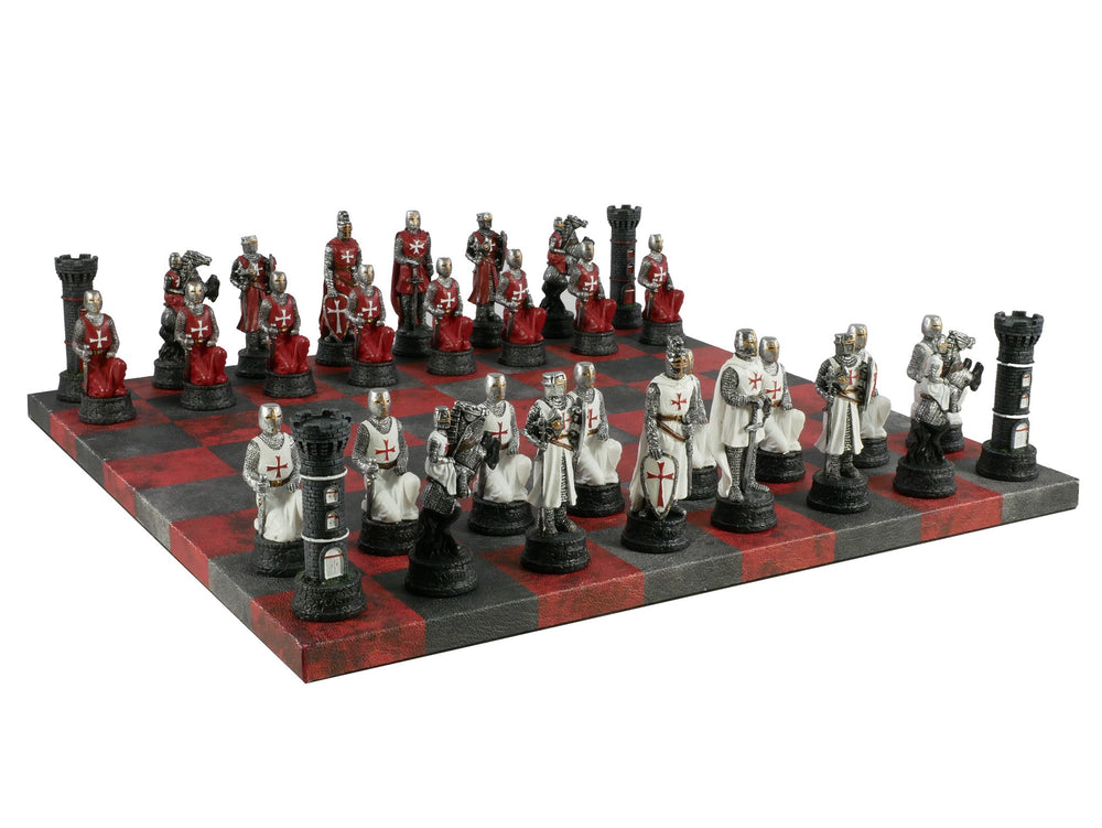 Chess Set - Resin Crusade IV Pieces on 14.5" Red & Dusky Black Faux Leather Board (ONLINE ORDER ONLY)
