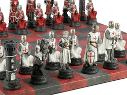 Chess Set - Resin Crusade IV Pieces on 14.5" Red & Dusky Black Faux Leather Board (ONLINE ORDER ONLY)