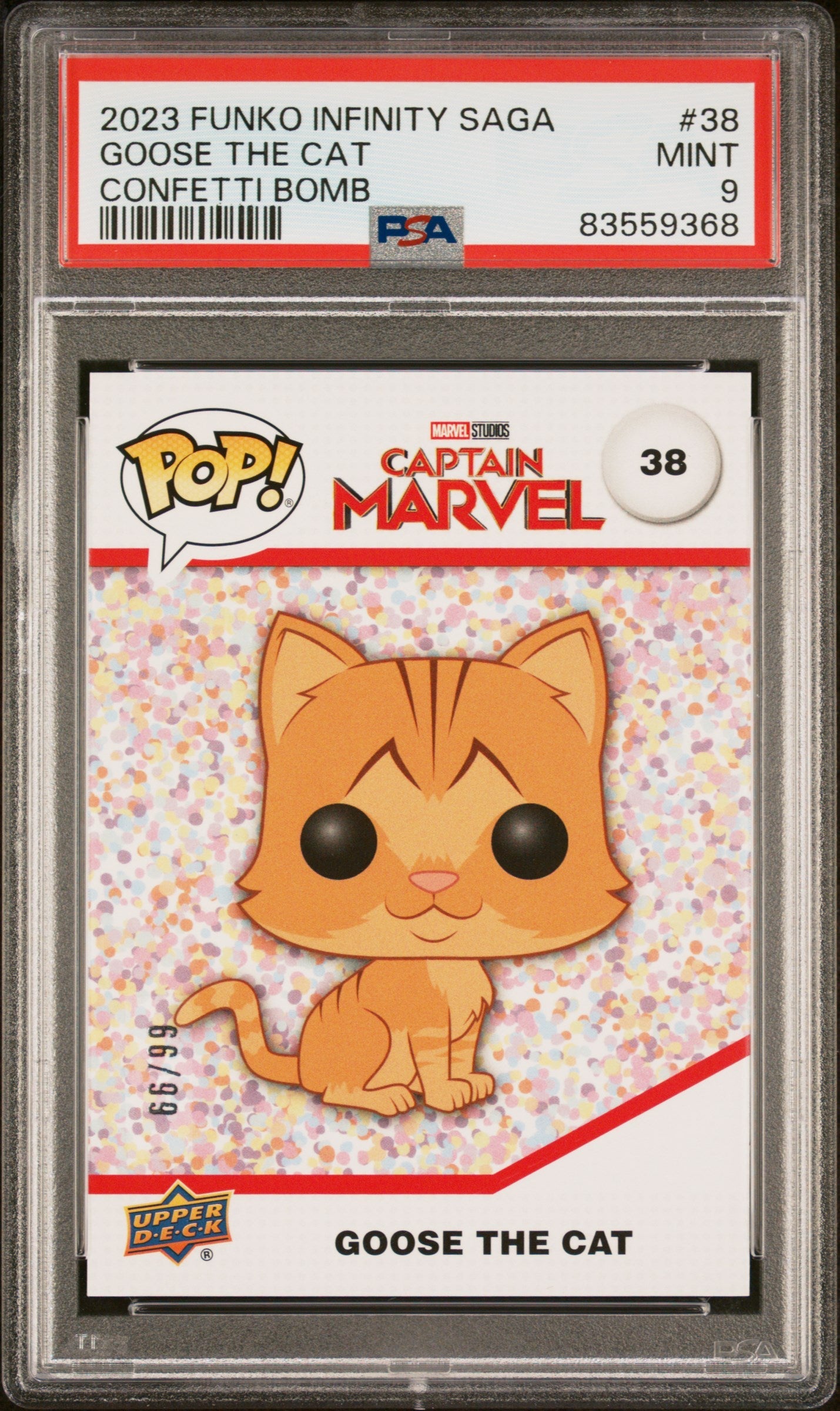 2023 UPPER DECK FUNKO POP MARVEL  GOOSE THE CAT CONFETTI BOMB #38  PSA 9 (Online Order Only)