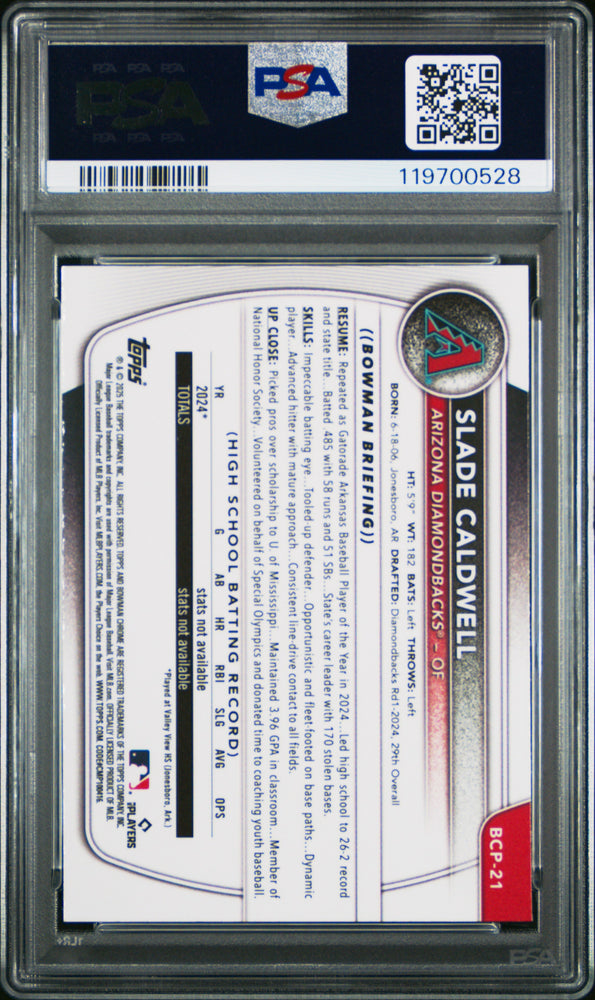 Graded 2025 Topps Bowman Slade Caldwell #BCP21 Chrome Prospects Rookie RC Baseball Card PSA 10 Gem Mint (ONLINE ORDER ONLY)