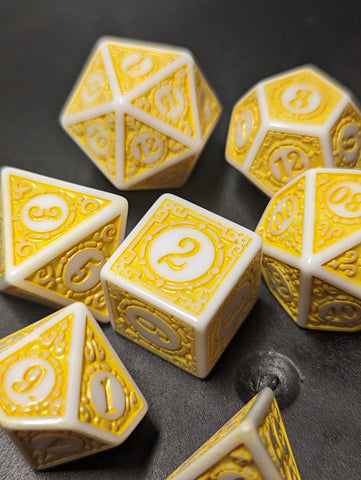 White & Yellow Magic Flame 7-Dice Set DND RPG Dice Yellow Color Fill (Online Only)