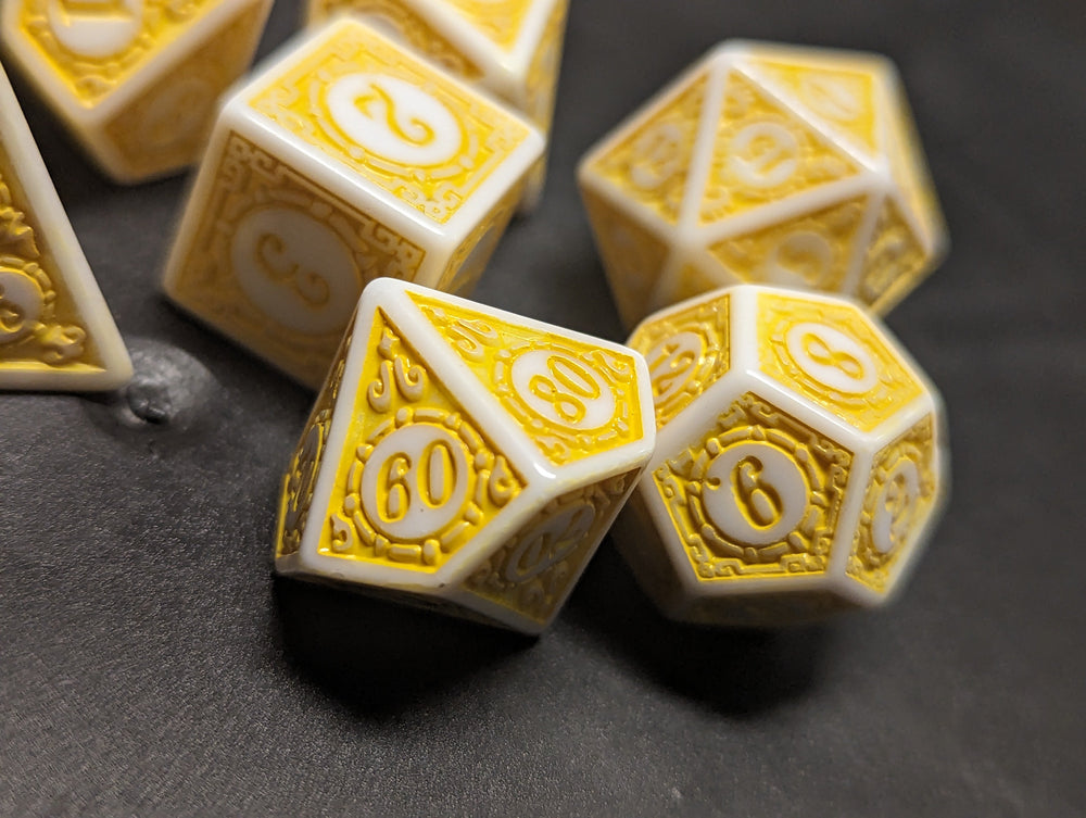 White & Yellow Magic Flame 7-Dice Set DND RPG Dice Yellow Color Fill (Online Only)