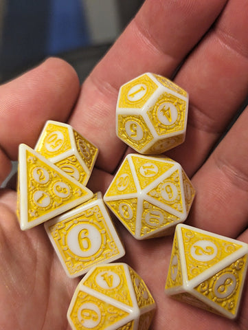 White & Yellow Magic Flame 7-Dice Set DND RPG Dice Yellow Color Fill (Online Only)
