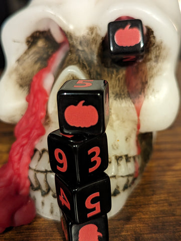 Pumpkin Harvest D6 Dice | Black Dice with Orange Numbers and Pumpkins (sold per die) (Online Only)