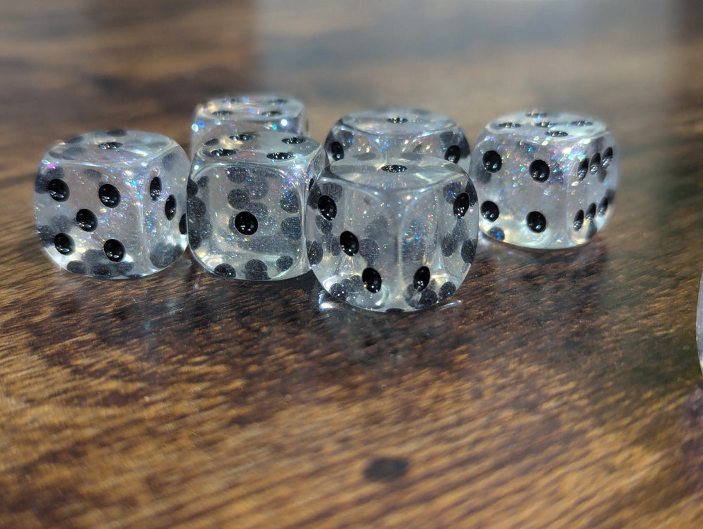 The Time Walker | Clear Glitter 16mm d6 Dice w/Black (Online Only)