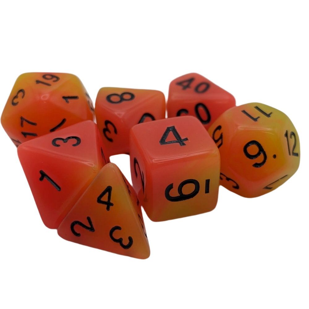 Orange and Yellow "Candlelight" - 7 Piece Glow in the Dark DnD Dice Set | Acrylic RPG Gaming Dice (ONLINE ORDER ONLY)