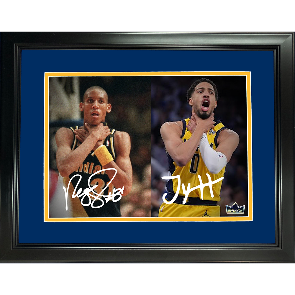 Framed Tyrese Haliburton & Reggie Miller Choke Indiana Pacers Eastern Conference Finals vs Knicks Facsimile Laser Engraved Signature Auto 11"x14" Basketball Photo HOFSM Holo (ONLINE ORDER ONLY)