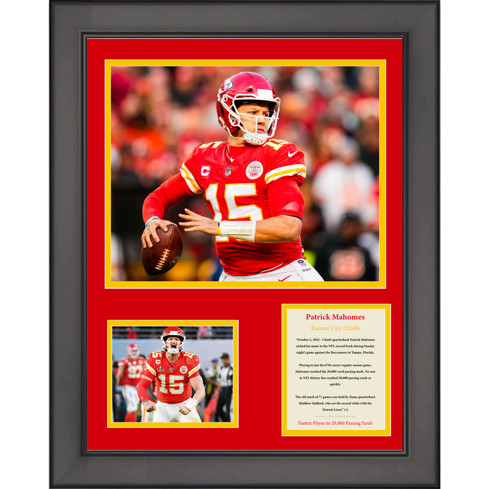 Framed Patrick Mahomes Fastest Player to 20,000 Passing Yards Record Kansas City Chiefs Football 11"x14" Three Photo Collage (ONLINE ORDER ONLY)