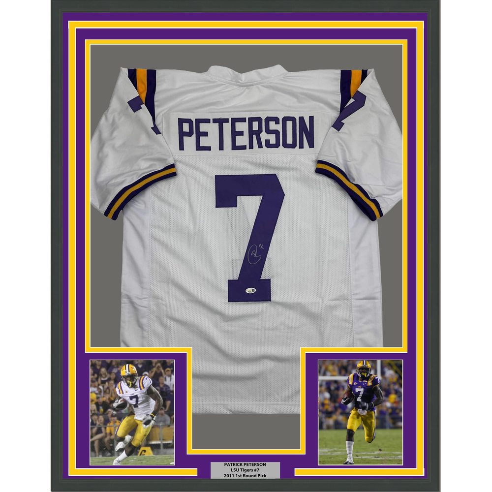 Framed Autographed/Signed Patrick Peterson 35x39 LSU White College Football Jersey JSA COA