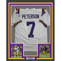 Framed Autographed/Signed Patrick Peterson 35x39 LSU White College Football Jersey JSA COA