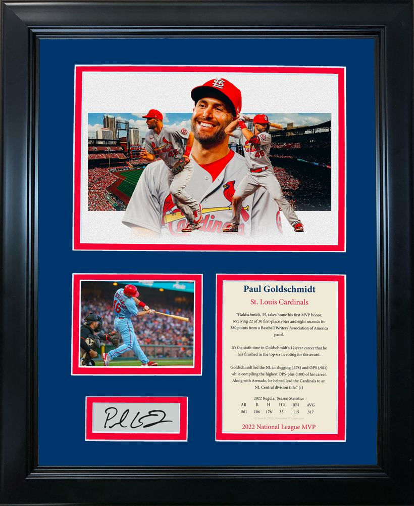 Framed Paul Goldschmidt NL MVP 2022 Facsimile Laser Engraved Signature Auto St. Louis Cardinals Baseball 11"x14" Photo Sig Collage (ONLINE ORDER ONLY)