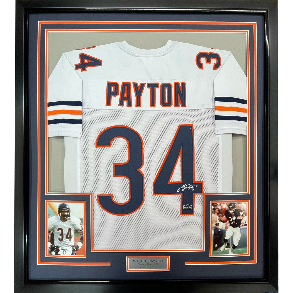 Framed Facsimile Autographed Walter Payton 35x39 Chicago White Reprint Laser Auto Football Jersey Size Men's XL (ONLINE ORDER ONLY)
