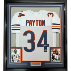 Framed Facsimile Autographed Walter Payton 35x39 Chicago White Reprint Laser Auto Football Jersey Size Men's XL (ONLINE ORDER ONLY)