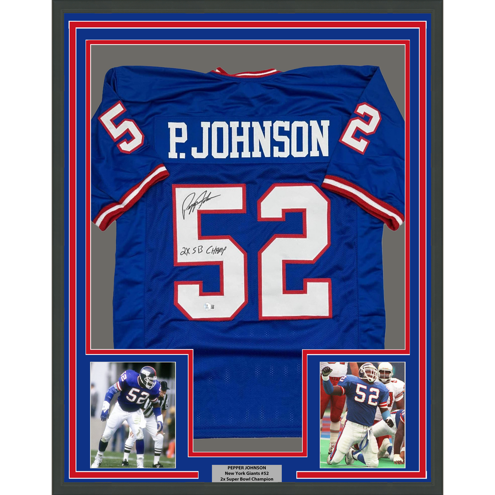 Framed Autographed/Signed Pepper Johnson 2x SB Champ 35x39 New York Blue Football Jersey Beckett BAS COA (ONLINE ORDER ONLY)