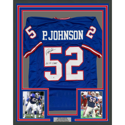 Framed Autographed/Signed Pepper Johnson 2x SB Champ 35x39 New York Blue Football Jersey Beckett BAS COA (ONLINE ORDER ONLY)