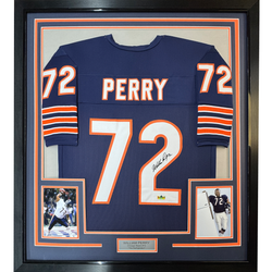 Framed Facsimile Autographed William Perry 35x39 The Refrigerator Chicago Blue Reprint Laser Auto Football Jersey (ONLINE ORDER ONLY)