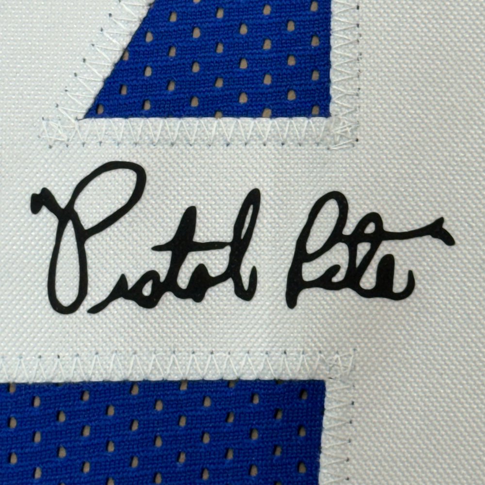 Framed Facsimile Autographed Pistol Pete Maravich 35x39 Atlanta Blue Reprint Laser Auto Basketball Jersey (ONLINE ORDER ONLY)