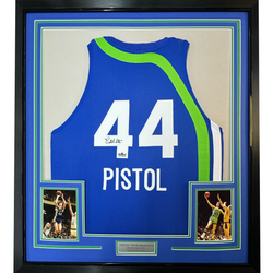 Framed Facsimile Autographed Pistol Pete Maravich 35x39 Atlanta Blue Reprint Laser Auto Basketball Jersey (ONLINE ORDER ONLY)