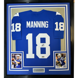 Framed Facsimile Autographed Peyton Manning 35x39 Indianapolis Blue Reprint Laser Auto Football Jersey (ONLINE ORDER ONLY)