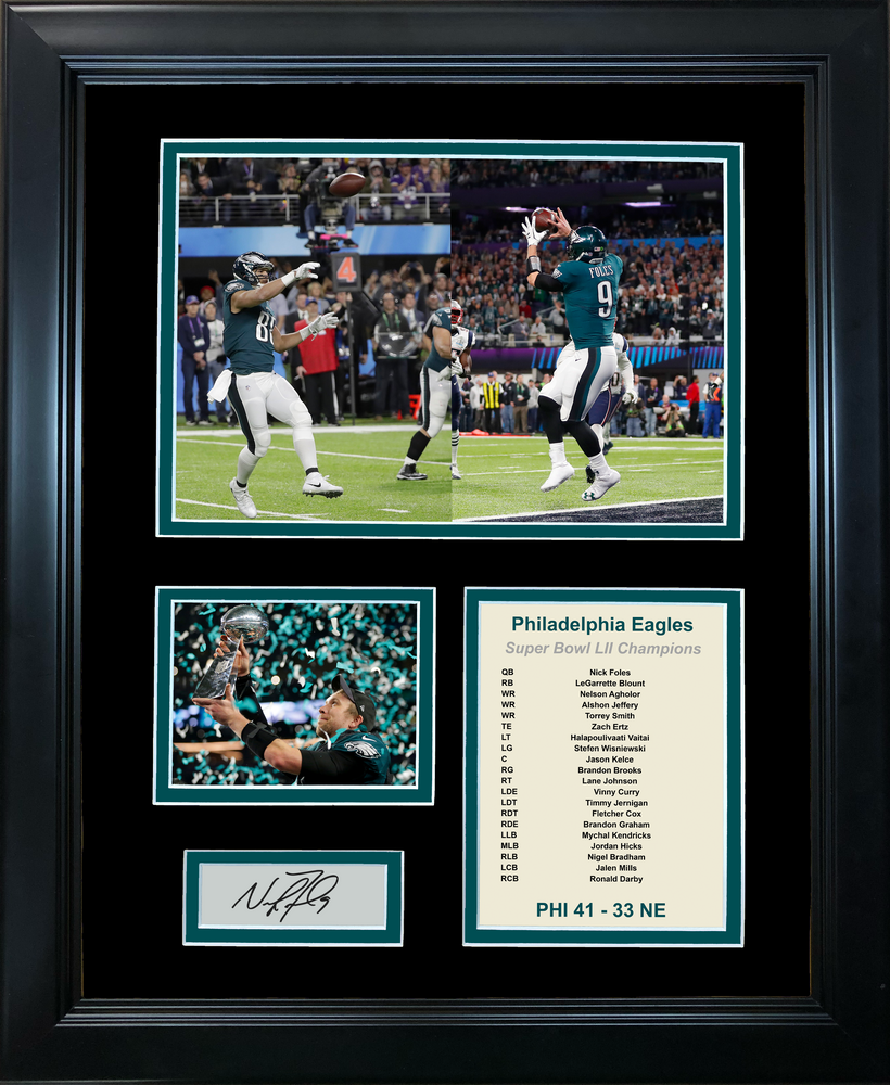 Framed Philadelphia Eagles Super Bowl LII Champions Nick Foles Facsimile Laser Engraved Signature Auto Football 11"x14" Photo Sig Collage (ONLINE ORDER ONLY)