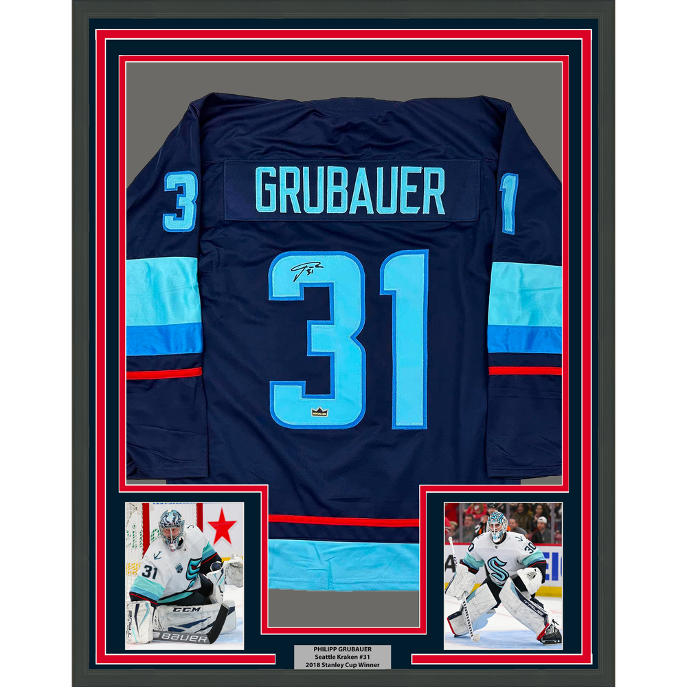 Framed Facsimile Autographed Philipp Grubauer 35x39 Seattle Blue Reprint Laser Auto Hockey Jersey (ONLINE ORDER ONLY)