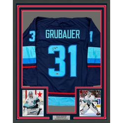 Framed Facsimile Autographed Philipp Grubauer 35x39 Seattle Blue Reprint Laser Auto Hockey Jersey (ONLINE ORDER ONLY)