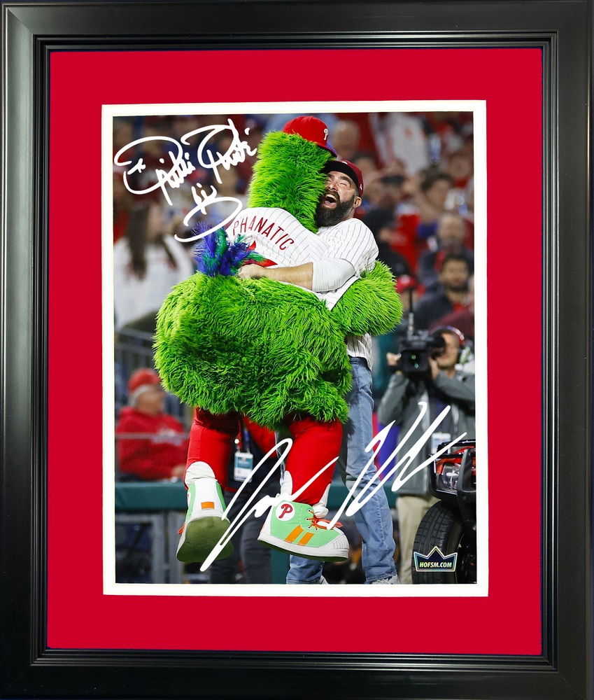 Framed Phillie Phanatic & Jason Kelce Dual Facsimile Laser Engraved Signature Auto Philadelphia Phillies 11"x14"Baseball Photo HOFSM Holo (ONLINE ORDER ONLY)