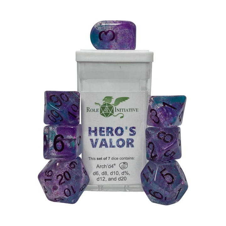 Hero's Valor | 7-Dice Set Purple & Blue Glitter Role4Initiative (Online Only)