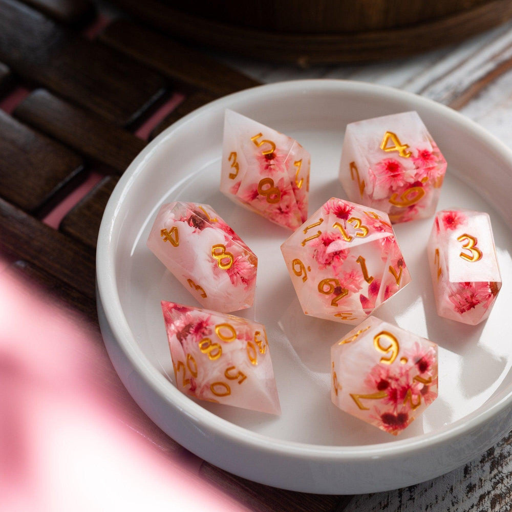 Pink Blossom Handmade Resin DND Dice Set (ONLINE ORDER ONLY)