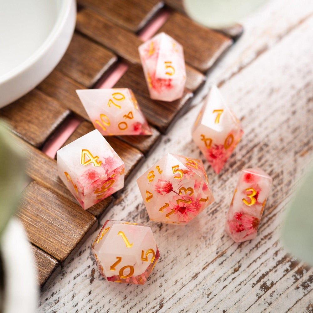 Pink Blossom Handmade Resin DND Dice Set (ONLINE ORDER ONLY)