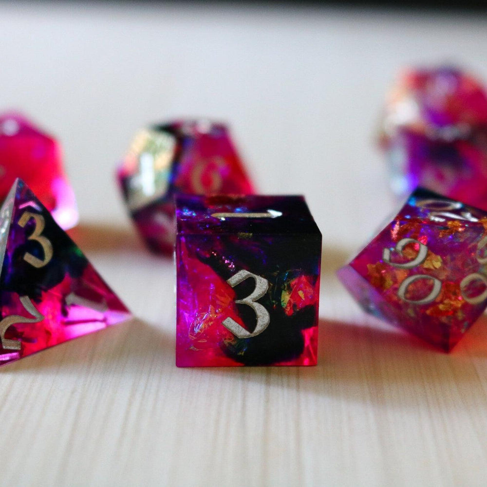Pink/Silver Handmade Sharp Edge Resin DND Dice Set (ONLINE ORDER ONLY)