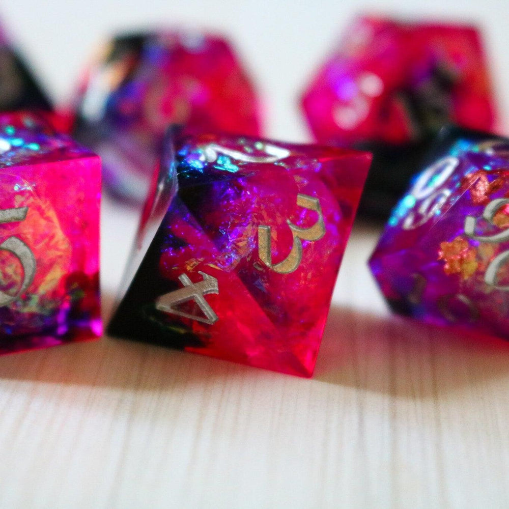 Pink/Silver Handmade Sharp Edge Resin DND Dice Set (ONLINE ORDER ONLY)
