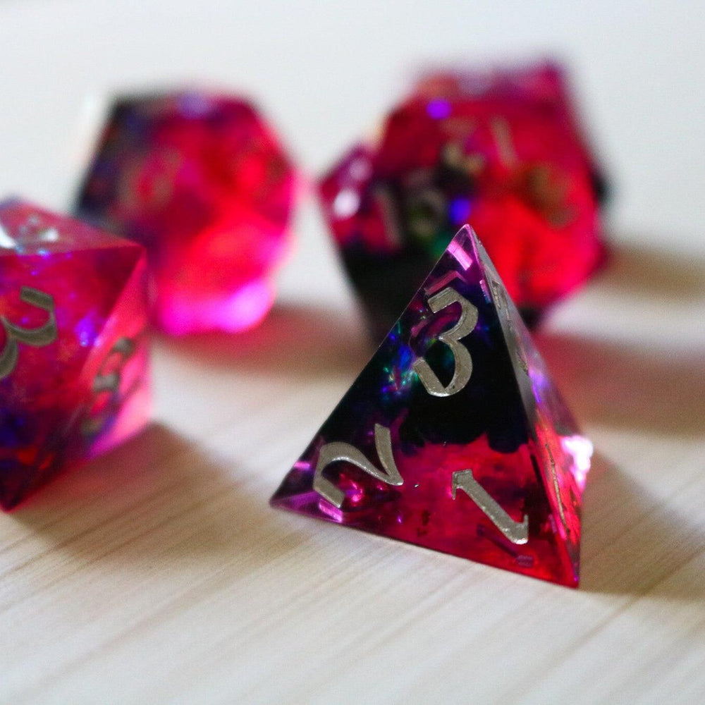 Pink/Silver Handmade Sharp Edge Resin DND Dice Set (ONLINE ORDER ONLY)