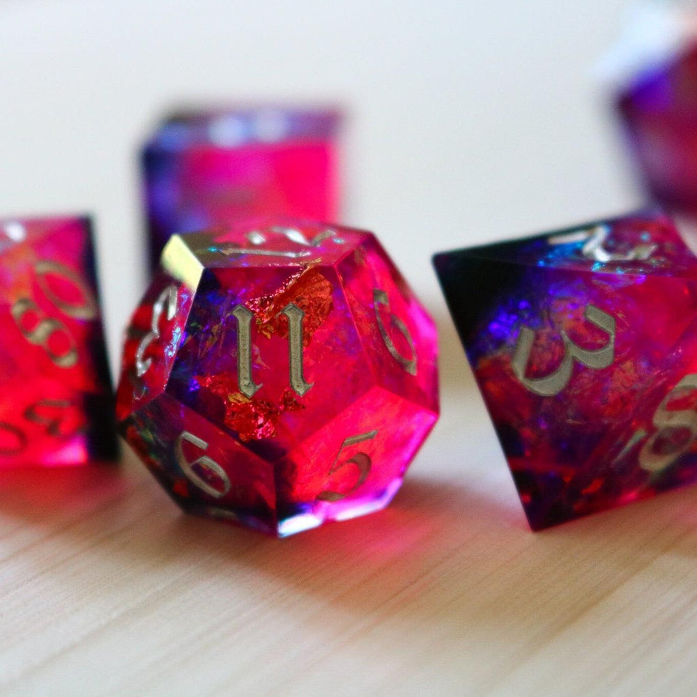 Pink/Silver Handmade Sharp Edge Resin DND Dice Set (ONLINE ORDER ONLY)