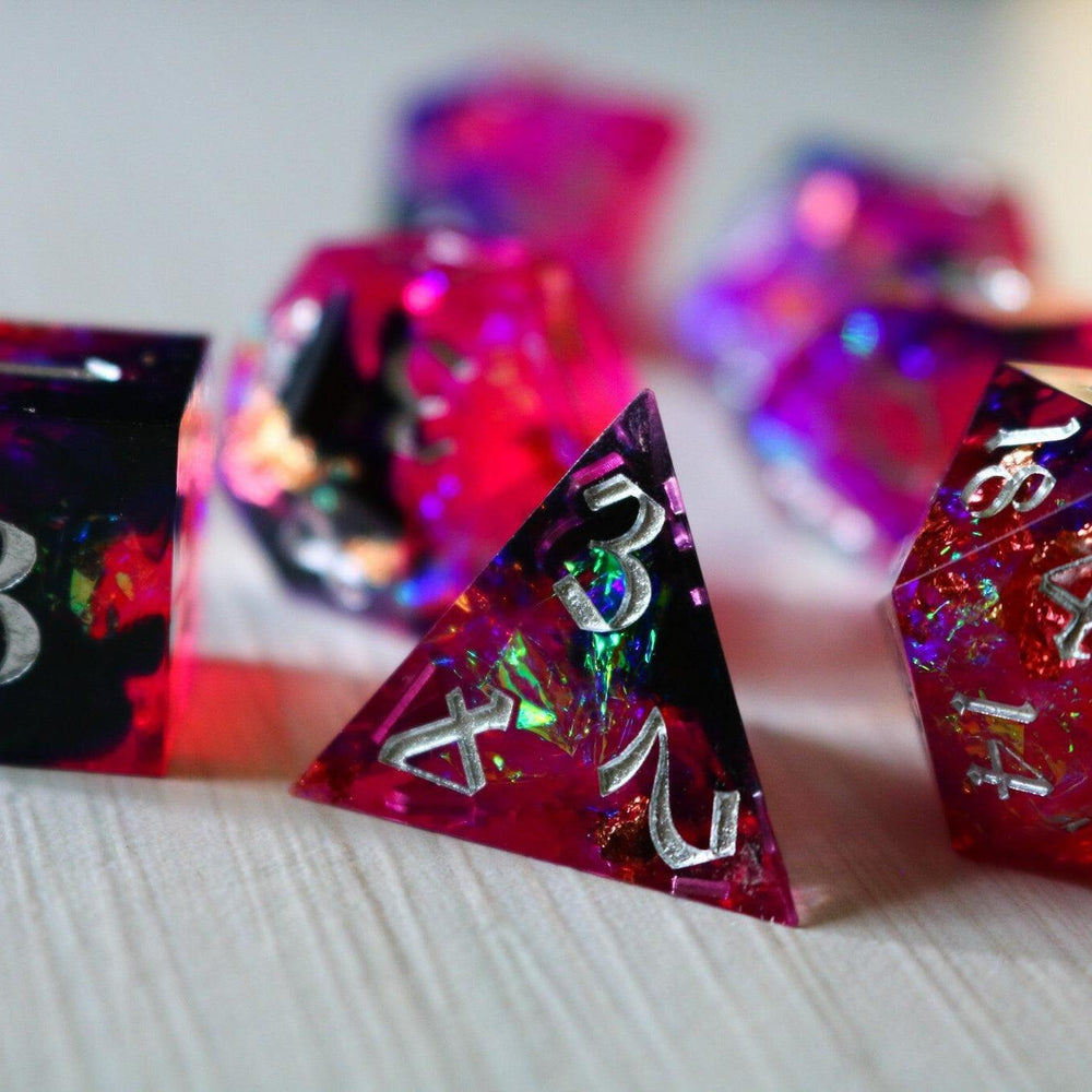Pink/Silver Handmade Sharp Edge Resin DND Dice Set (ONLINE ORDER ONLY)