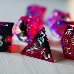 Pink/Silver Handmade Sharp Edge Resin DND Dice Set (ONLINE ORDER ONLY)