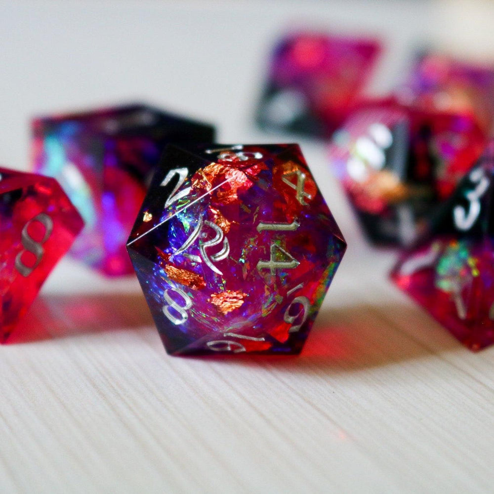 Pink/Silver Handmade Sharp Edge Resin DND Dice Set (ONLINE ORDER ONLY)
